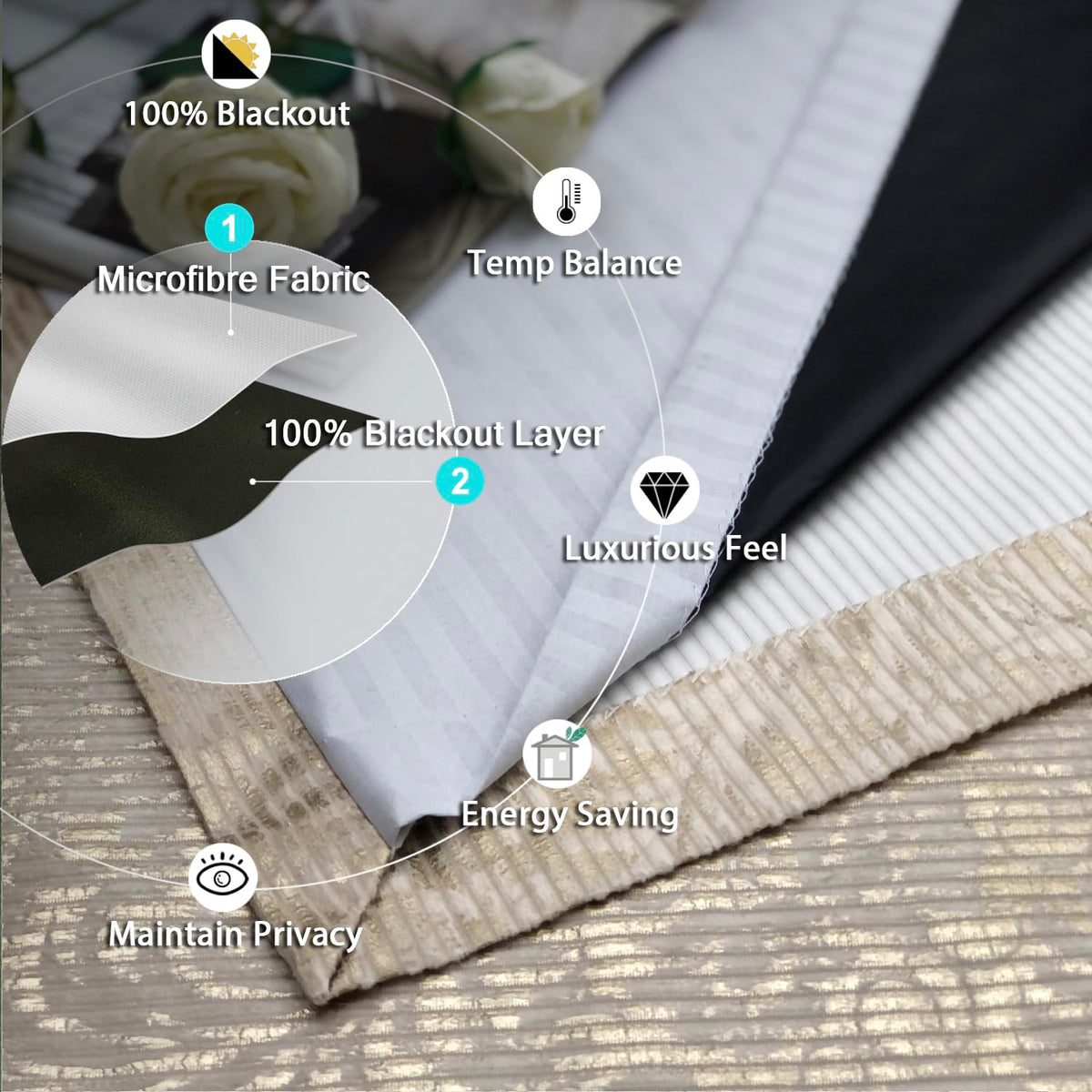 always4u 100% Blackout Damask Foil Print Natural and Gold Ridged Velvet Curtains 84 Inches Long Drapes 2 Panels Shiny Metallic Window 54 * 84 Inches
