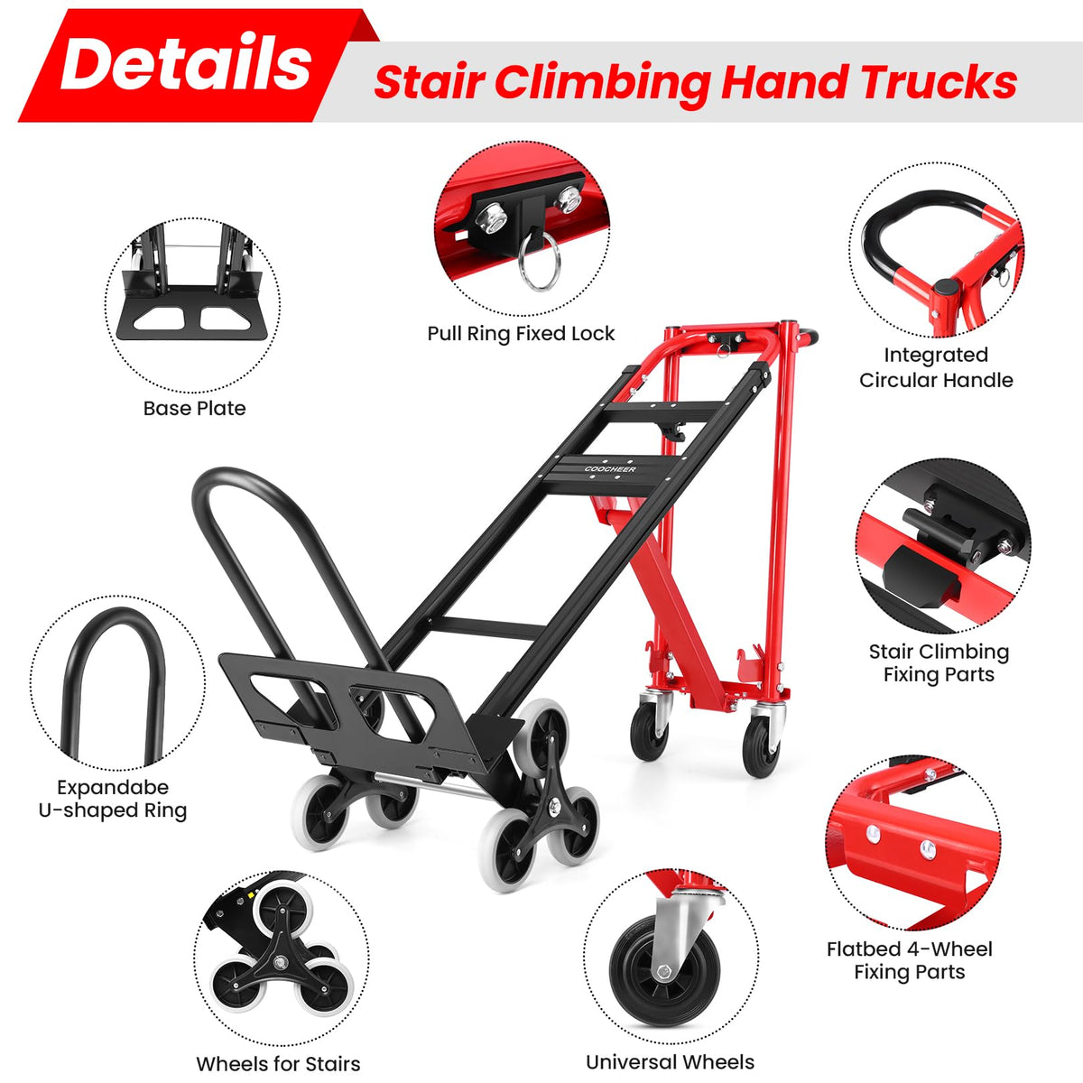 Heavy Duty Stair Climbing Hand Truck - 1000 LBS Capacity 4-in-1 Convertible Dolly Cart, Foldable Platform Utility Cart for Moving Boxes, Industrial Grade Steel Construction(red)
