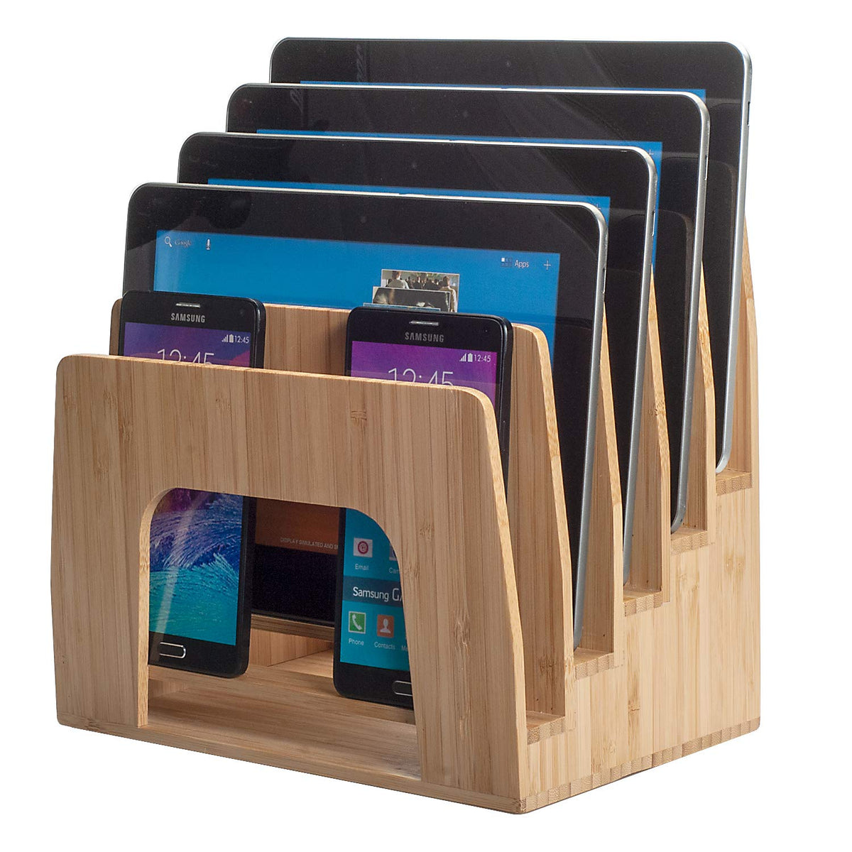 MobileVision Bamboo Multi Device Inclined Organizer for Smartphones, Tablets and Laptops, Upright Sections, Step Sorter, 5 Slots