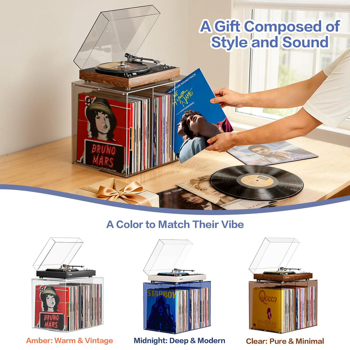 Bikoney Vinyl Record Storage,Stackable Cube Acrylic Vinyl Record Holder,Tabletop Record Player Stand,Vinyl Holder & Album Storage Box Crate Bin, Warm Amber