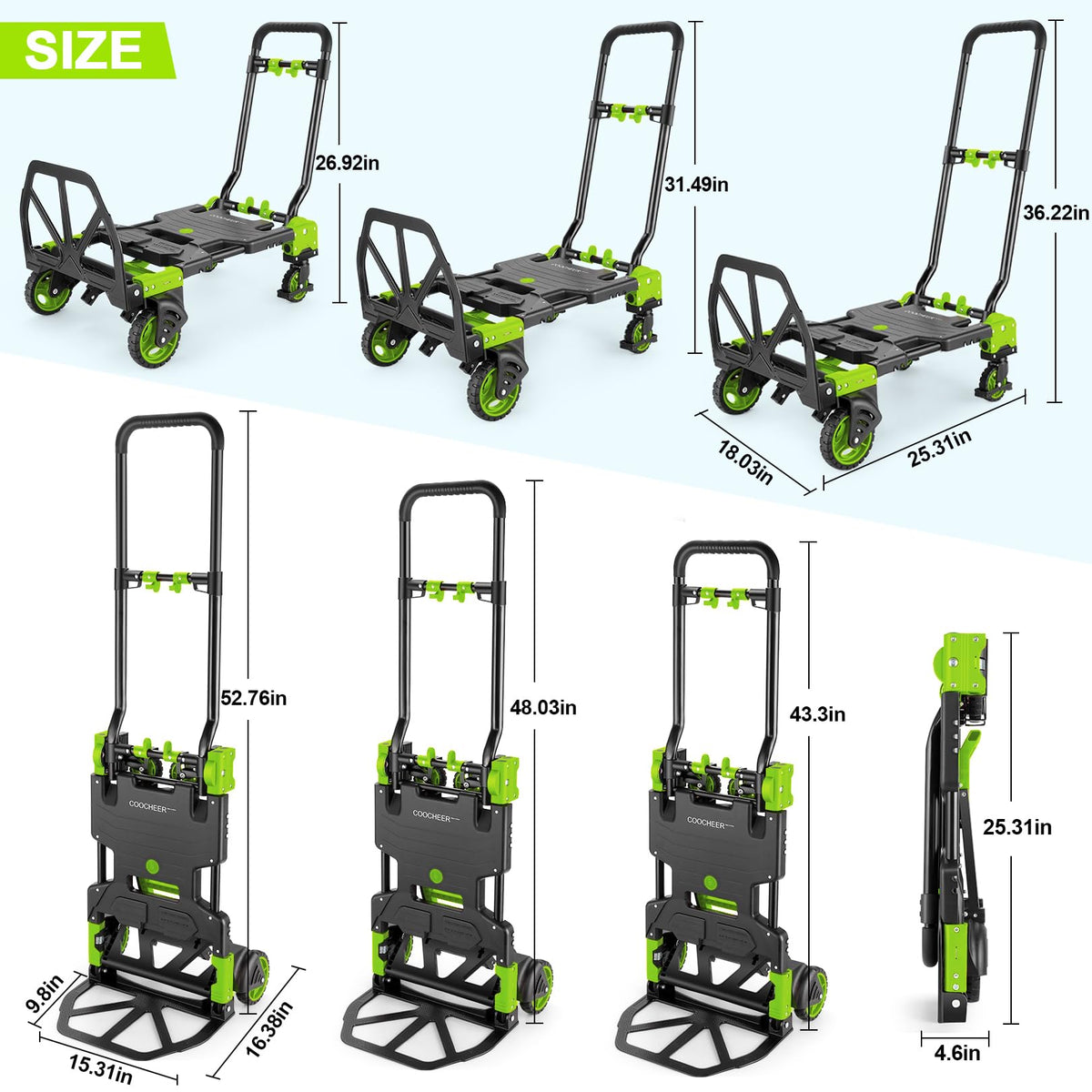 2-in-1 Folding Hand Truck Dolly 330LB Load Carrying, Hand Truck Foldable Dolly with Retractable Handle and 4 Rubber Wheels, Portable Folding Hand Cart for Moving/Travel/Office(Green)
