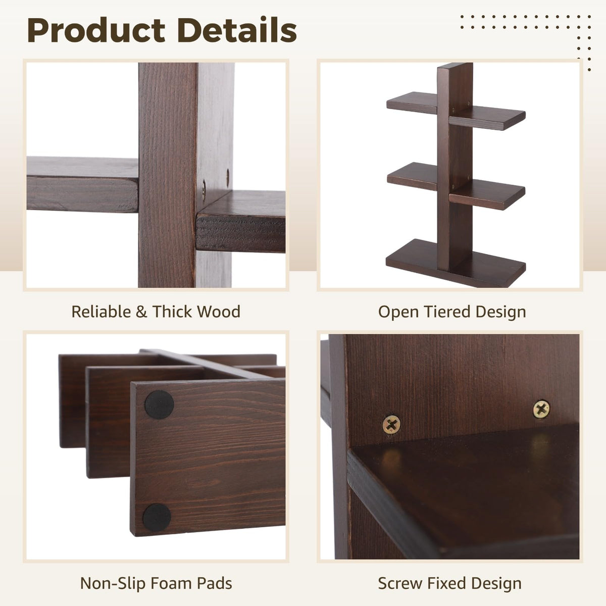 OMISTAR 3 Tiered Wooden Coffee Cup Holder, Kitchen Counter 6 Mug Wood Coffee Mug Organizer Stand with Non-Slip Foam Pads, Vertical Cup Storage Rack for Coffee Bar Countertop