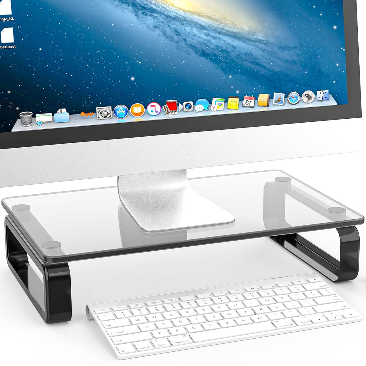 Hemudu Computer Monitor Stand Riser Multi Media Desktop Stand for Flat Screen LCD LED TV, Laptop/Notebook, with Tempered Glass and Metal Legs, Black HD02B-001U
