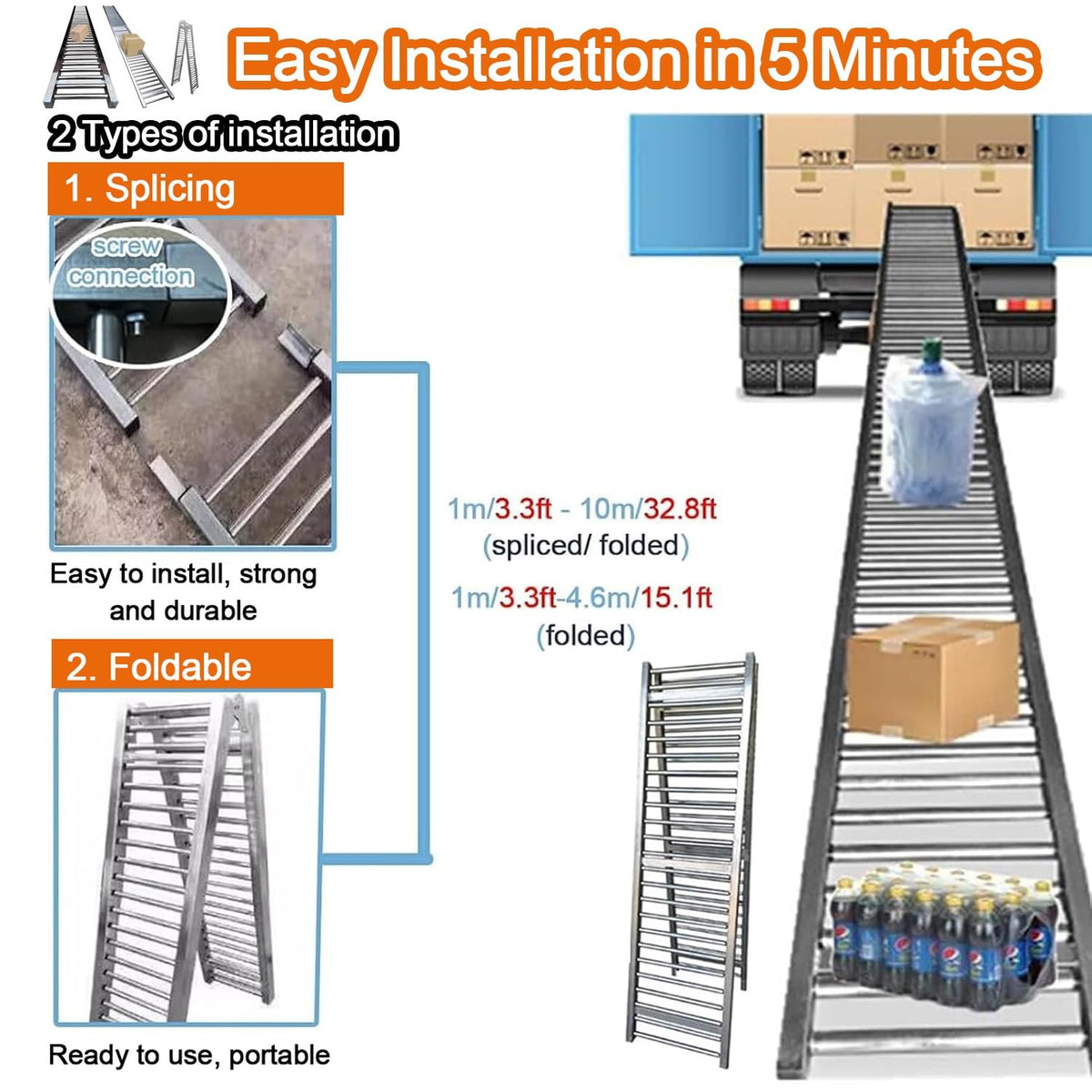 Heavy Duty Collapsible Conveyor Roller for Warehouse Unloading, Adjustable Height Stand, Gravity Conveyor Lengths 3.3-33ft, Width 16in (40cm) - Perfect for Efficient Material Handling