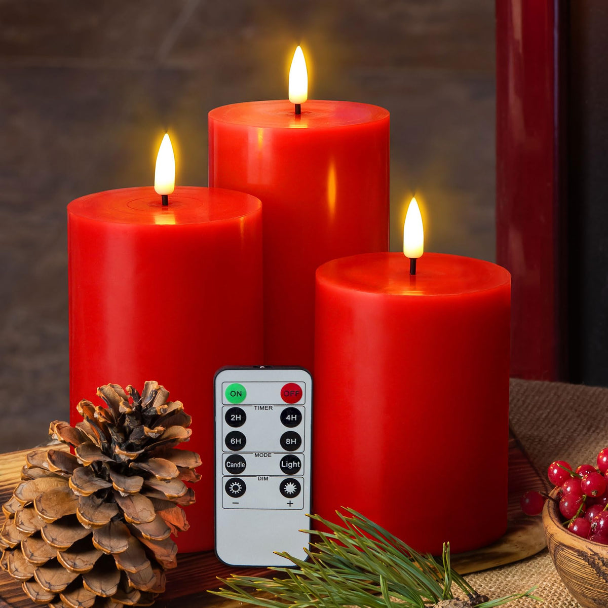 Eywamage Red Flameless Pillar Candles with Remote, Flickering Battery Operated LED Wax Candles Set of 3