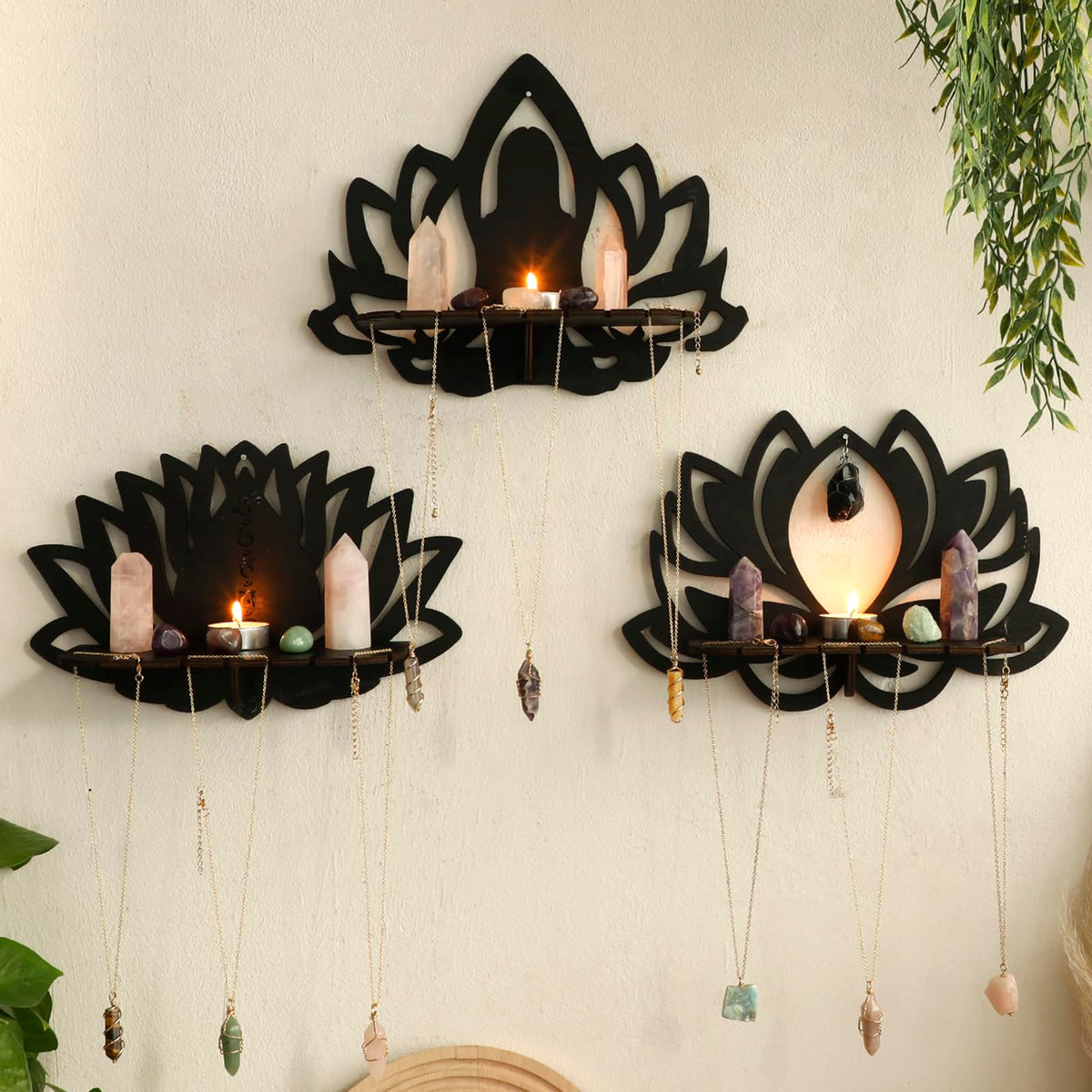 Artilady Lotus Flower Crystal Shelf -3 Pack Floating Shelves for Wall Bedroom Decor Black Cute Display Shelf Yoga Decor for Crystals and Stones Aesthetic Boho Room Decorations Witchy Gift for Wome