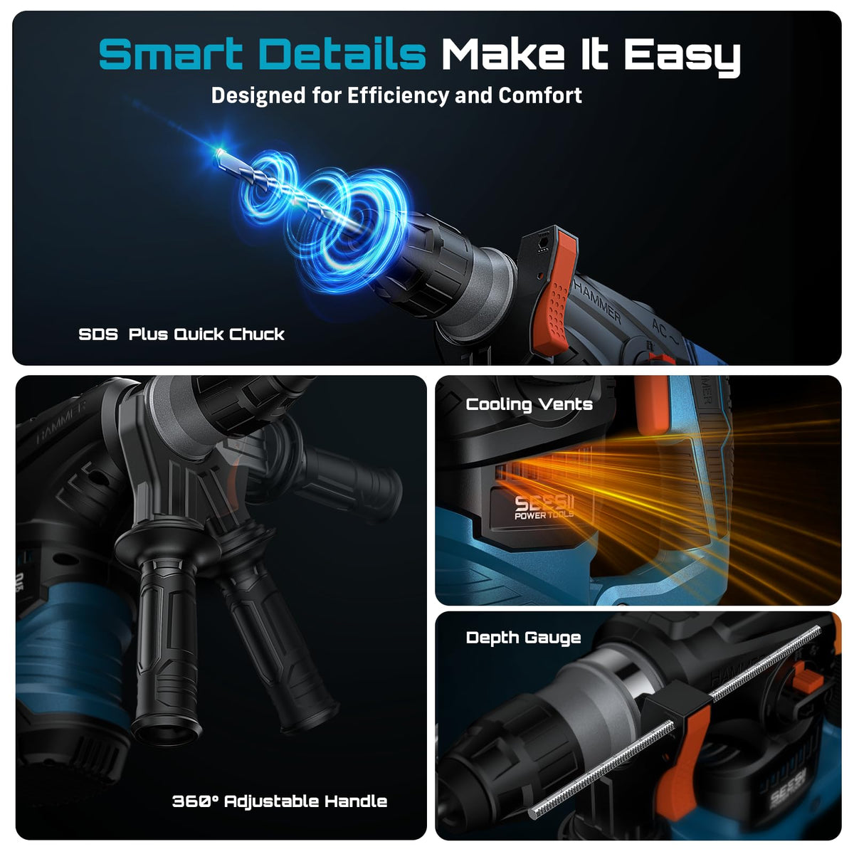 Seesii Heavy Duty Rotary Hammer: 13 Amp 1-1/4" SDS-Plus Demolition Hammer Drill for Concrete, Brick & Stone, 6J Power with 4 Functions, Safety Clutch & Reduced Vibration, with Drill Bits and Chisels