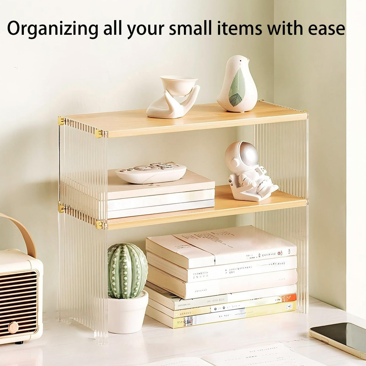 Coffee Station Acrylic Organizer - Wooden Desktop Storage Shelf for Office, Kitchen & Living Room, Multi-Layer Coffee Cup Holder & Condiment Rack, Acrylic Display Shelf for Mugs, Books (2 Tier)
