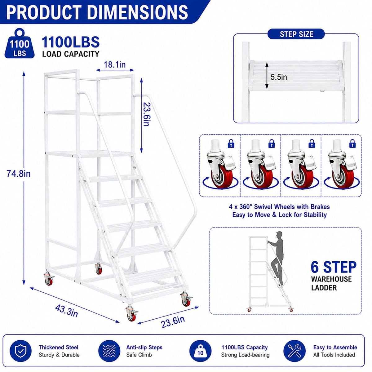 6-Step Rolling Warehouse Step Ladder, Lockable Wheels, Non-Slip Wide Steps, Dual Handrails, Movable Platform Ladder, Rolling Stairs for Warehouse, Supermarket, Library (White, 6 Steps)