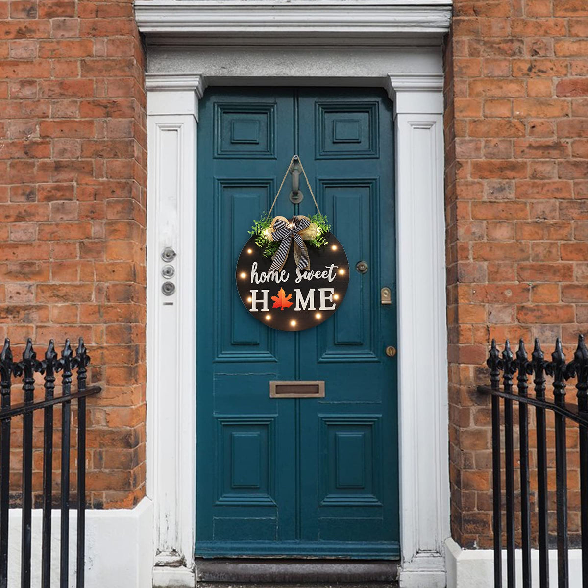 Interchangeable Welcome Sign for Front Door with 14 Changeable Icons, Farmhouse Front Porch Decor Rustic Wooden Wall Sign with 12 LED Lights, Outdoor Seasonal Welcome Home Decorations (Black1)