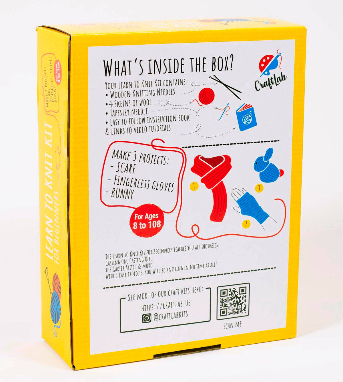 CraftLab Knitting Kit - Beginner Knitting Supplies with Wool Yarn, Needles, Instructions, DIY Gift