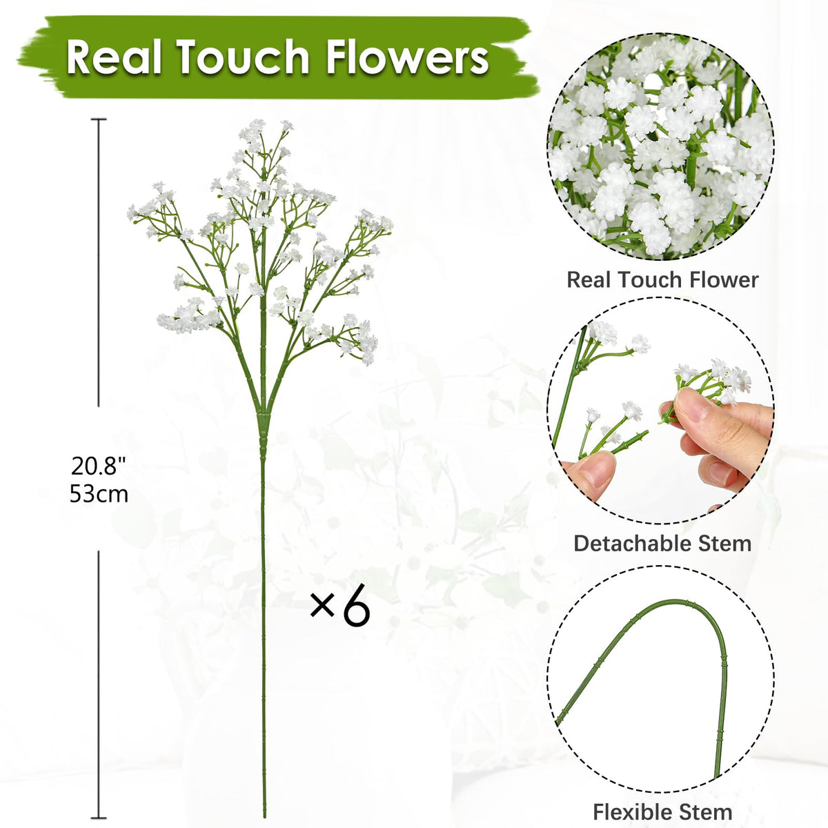 DILATATA 6pcs Artificial Baby’s Breath Flowers, 20" White Silk Gypsophila, Wedding Bouquet, DIY Floral Arrangements, Home Decor, Party Centerpieces, Craft Supplies