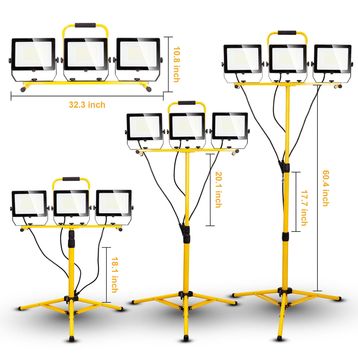 30000 Lumen Work Lights with Stand, 300W Three Head LED Work Light, Waterproof Lamp with Individual Switch, Adjustable Metal Telescoping Tripod（2 Pack）