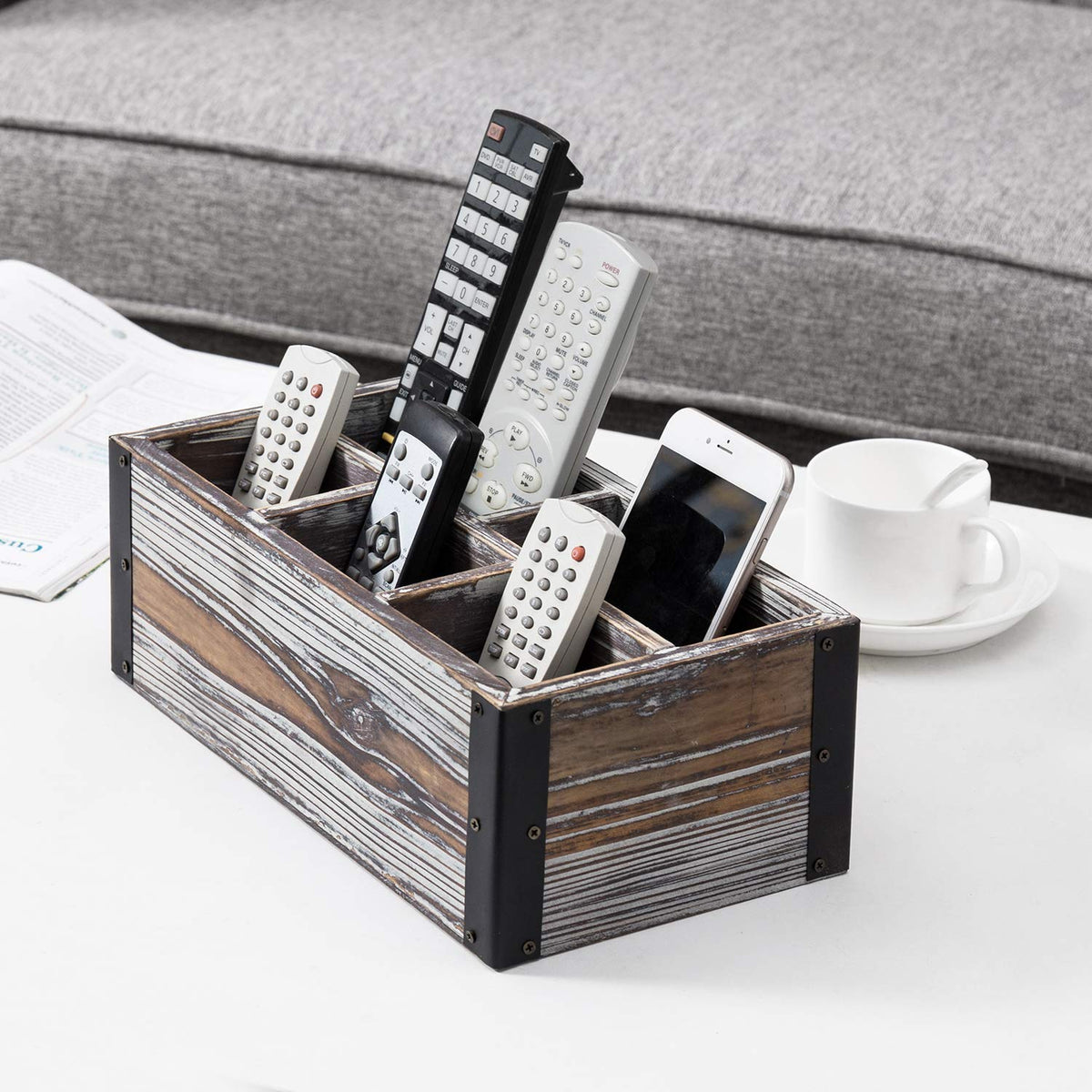 MyGift Remote Control Holder with 5-Compartment, Media Storage Organizer Remote Caddy with Black Metal Corner Wraps, for Table, Desk, Rustic Torched Wood