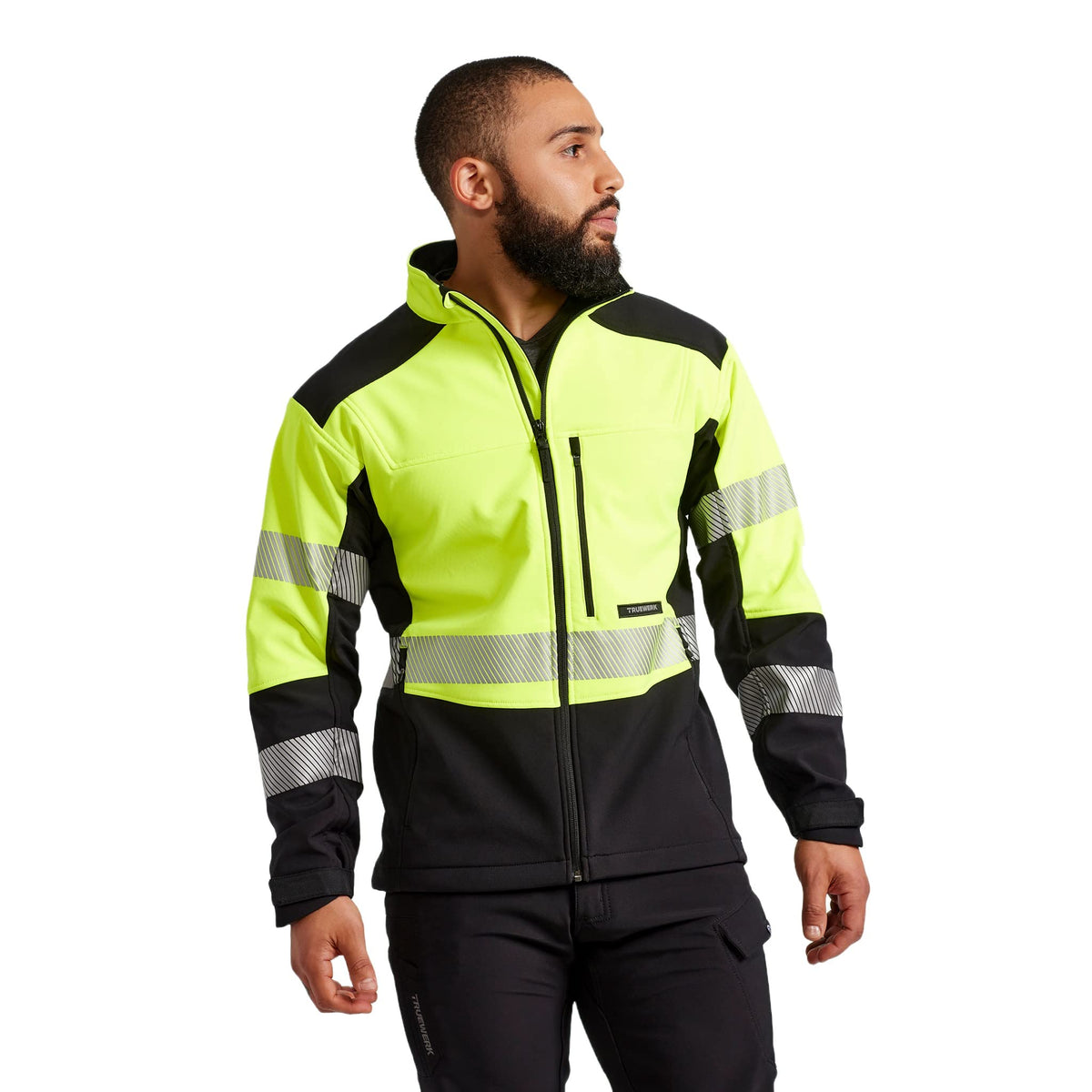 TRUEWERK Men's Softshell Work Jacket - S3 Solution Coat Technical Workwear, Lightweight, Waterproof with 4-Way Stretch, Viz Yellow, XX-Large