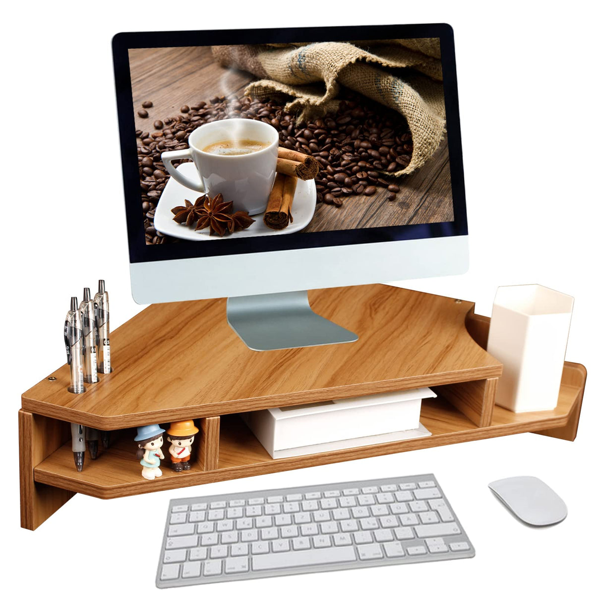 KUAIYU Triangle Monitor Stand Riser, Wooden Triangle Desktop Computer Stand with Office Organization, Walnut Color