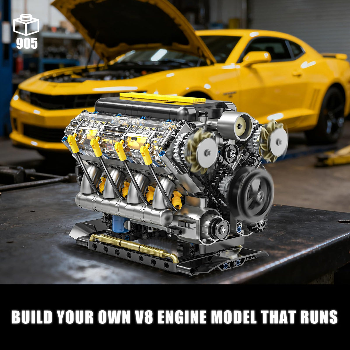 BseSparklion V8 Engine Model Kit that Runs, Visible Mini Car Motor Building Blocks Set for Adults, Compatible with Lego, STEM Physical Science Educational Toy for Teens Boys 14+ (905 PCS)