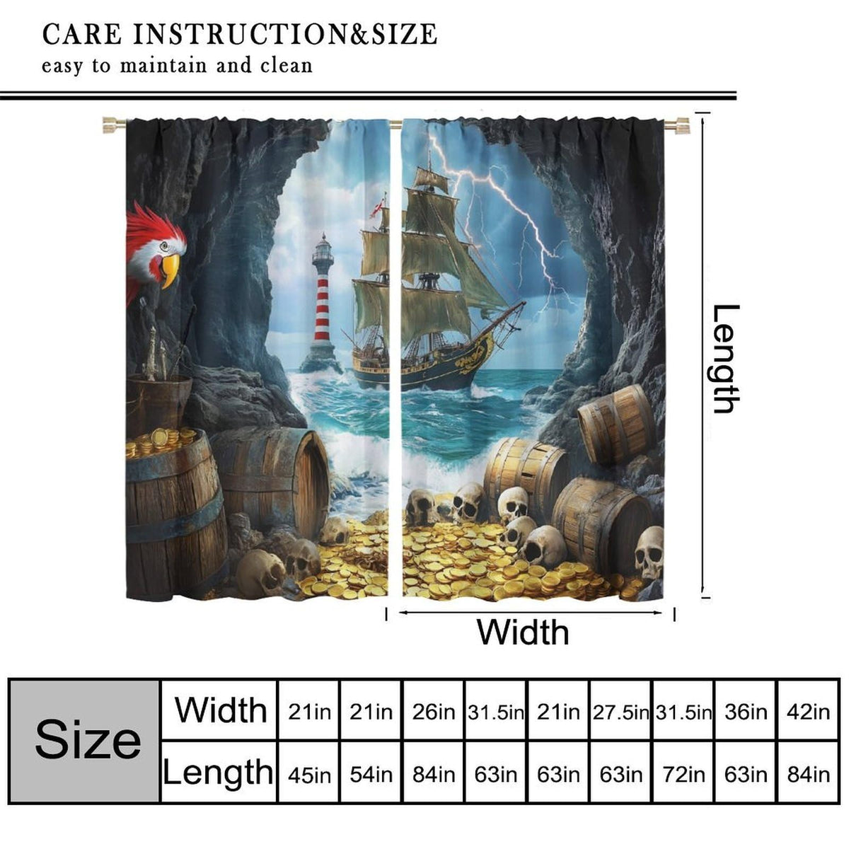 wlsgdsg Pirate Ship Curtains for Boys Retro Medieval Nautical Era Pirate Ship Treasure Gold Coin Pattern Window Treatments for Kids Teen Bedroom Living Room 42x44.5In（No Blackout）