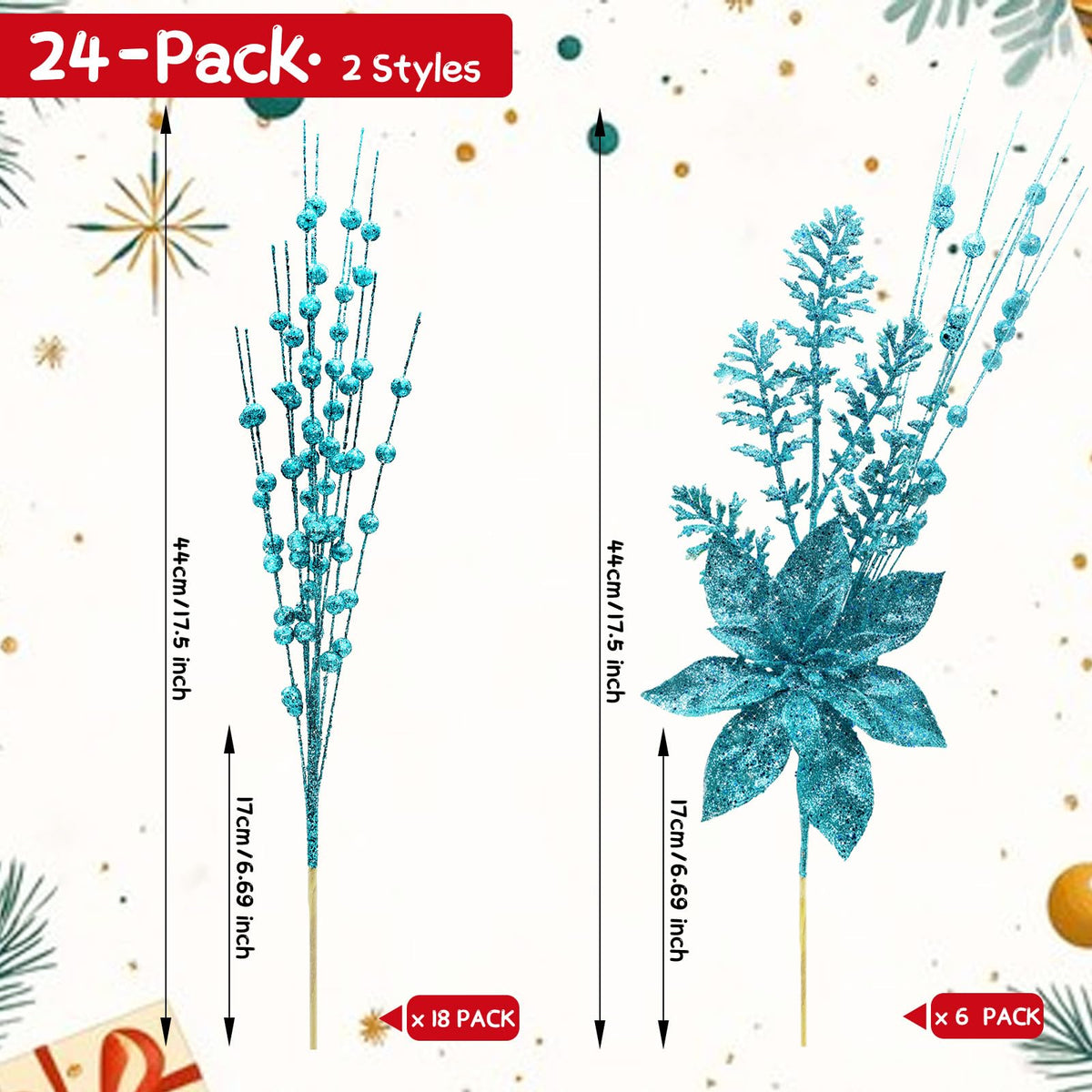 24 Pack Artificial Glitter Berry Stem Ornaments 17.5 Inch Fake Christmas Picks Decorations with Poinsettia Christmas Flowers, Bead Sticks for DIY Christmas Tree Wreath Wedding Small Vase Decor