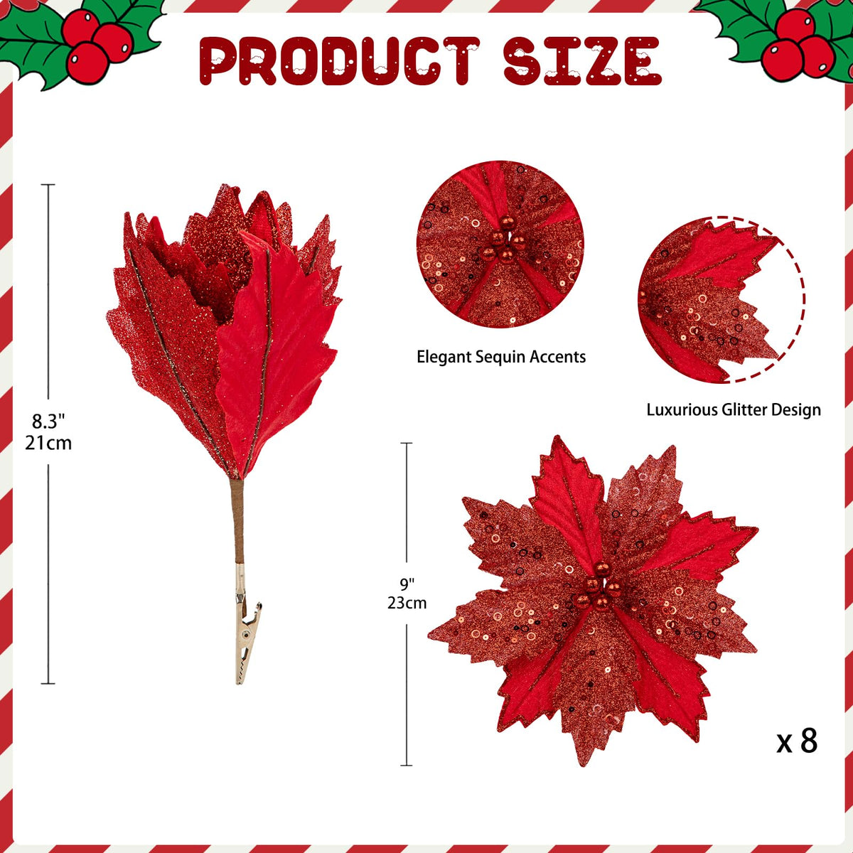 Briful 9'' Poinsettias Artificial Christmas Flowers 8PCS Silk Christmas Floral Picks and Sprays Large Red Poinsettias Flowers with Clips for Xmas Tree Vase Arrangement Wreath Decor