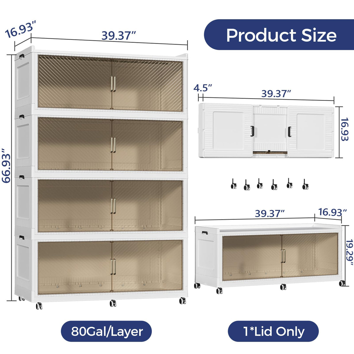 ARXYNEL 320GAL Extra Large Collapsible Storage Bins with Lid & Wheels, 1280QT Stackable Closet Cabinet with Doors, Folding Organizer Containers for Home, Office & Kitchen, 4Pack White