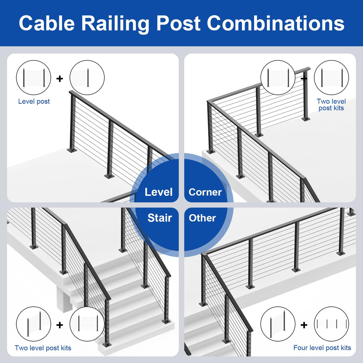 BLIKA 12FT-20FT Complete Set 42" Cable Railing Post Kit, Black Level Drilled Cable Railing Post, Swageless Cable Railing System Include 4Pack Level Posts, 1/8" 300FT Stainless Steel Cable(No Handrail)