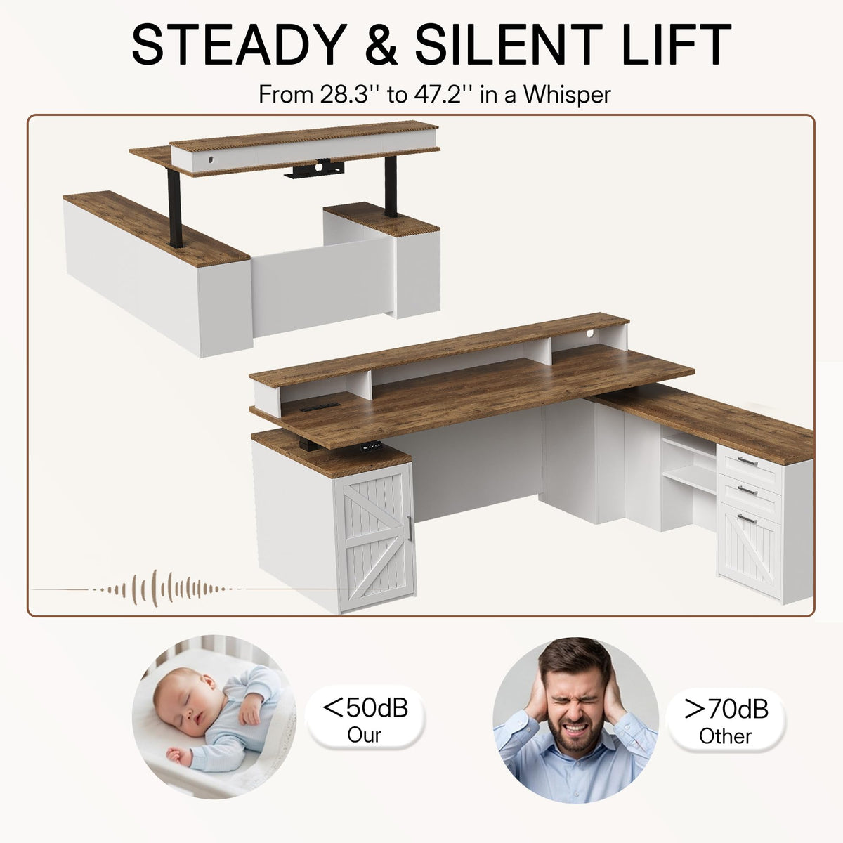 ZIMASYA 71" L Shaped Executive Desk with Table Board & File Cabinet Drawers Outlet USB,Height Adjustable Desk Privacy Panel Sit-Stand Workstation for Boss Managers Office Home,Walnut & White