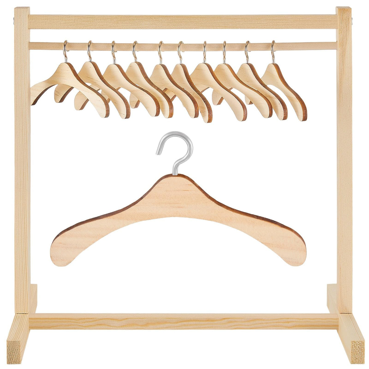 Civaner 11 Pcs Doll Garment Rack with Wooden Clothes Hanger for 18 Inch Girl Doll Clothes Mini Hangers Wardrobe Furniture Accessories for Dollhouse Baby Shower Supplies (Wood)