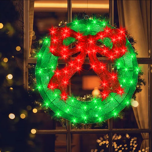 Outdoor Christmas Wreath Decoration - 24" Bright LED Christmas Wreath Lights with Bow, Large Lighted Christmas Wreaths Window Lights for Wall, Windows, Front Door Decor, Red Bow - Green Wreath