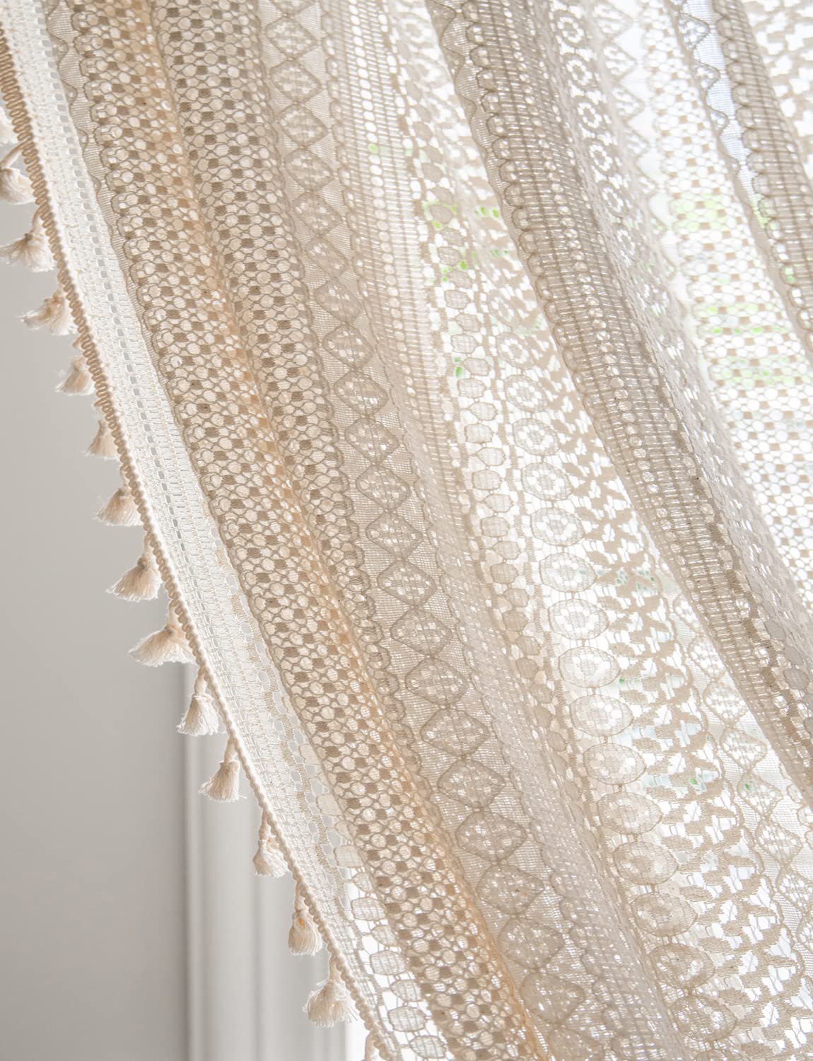 Boho Curtains for Living Room Bedroom, 63 inch Length 2 Panels Set Cotton Linen Semi Sheer Farmhouse Window Curtains with Tassels & Rod Pocket, Beige Lace Crochet Rustic Floral Long Curtain Drapes