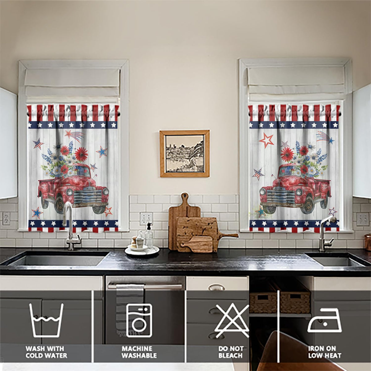 American 4th of July Kitchen Curtains Valances and Tiers Set for Windows, Patriotic Independence Memorial Day Bathroom Window Curtain Valance 3 Piece Sets,Kitchen Decor for Living Room,54"x 36"