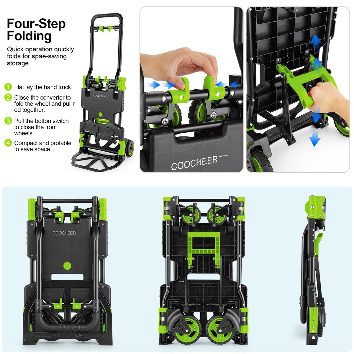 2-in-1 Folding Hand Truck Dolly 330LB Load Carrying, Hand Truck Foldable Dolly with Retractable Handle and 4 Rubber Wheels, Portable Folding Hand Cart for Moving/Travel/Office(Green)