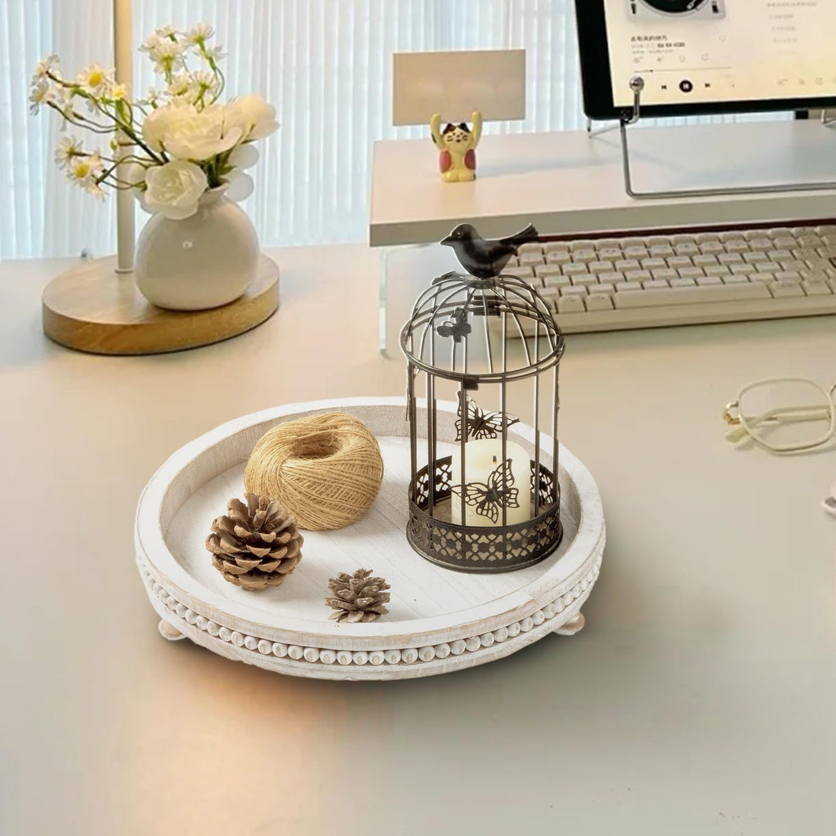 ouosawa Round Wood Tray for Home Decor, Wooden Decorative Tray for Kitchen Counter Coffee Table Centerpiece Living Dining Room Entryway, 12in Round Serving Tray for Wedding Easter Thanksgiving, White