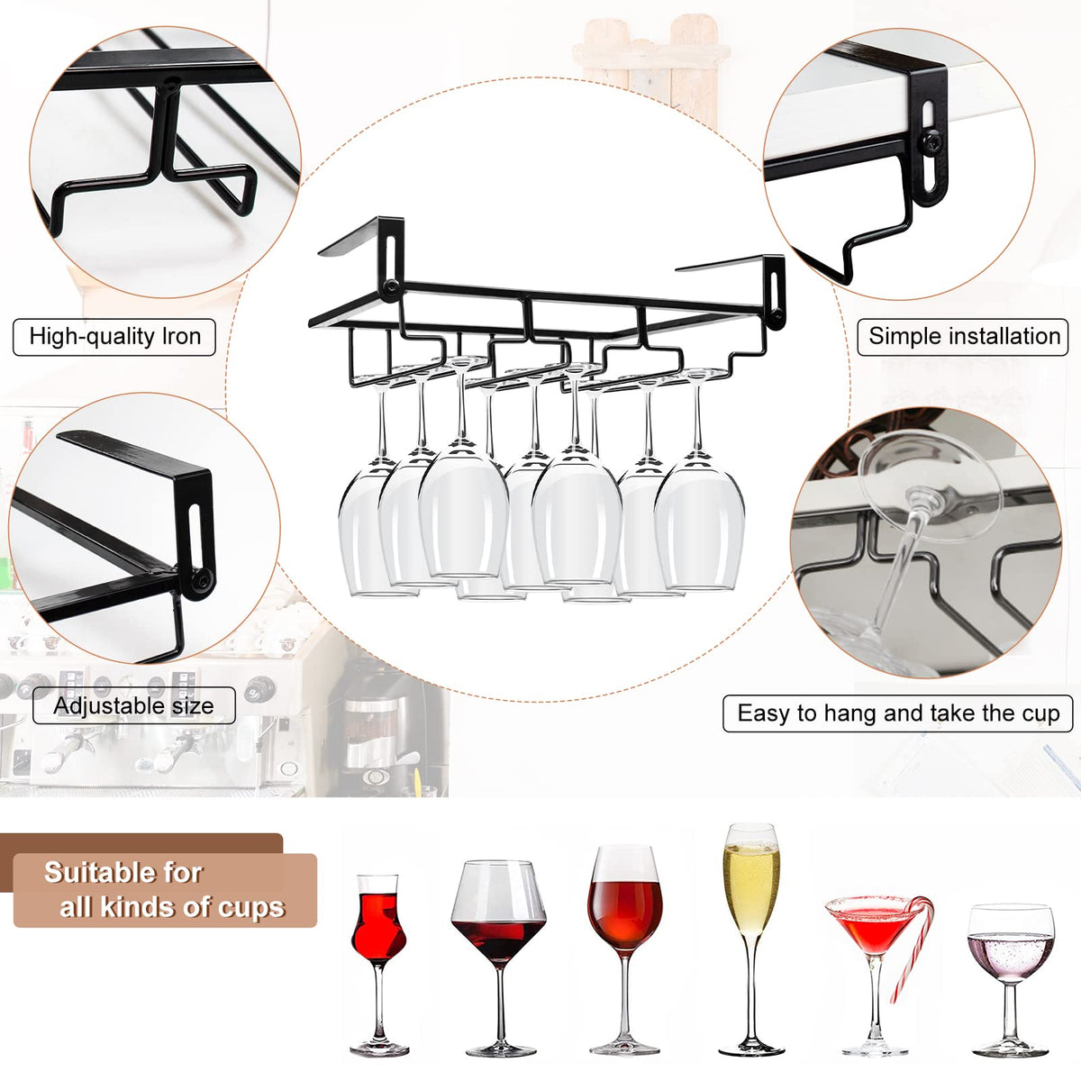 AUHOKY 2Pcs Adjustable Wine Glass Rack Under Cabinet, Punch-Free 3 Rows Stemware Metal Holder, Hanging Glass Storage Hanger Organizer for Shelf Kitchen Bar Decor (3 Rows, Black)