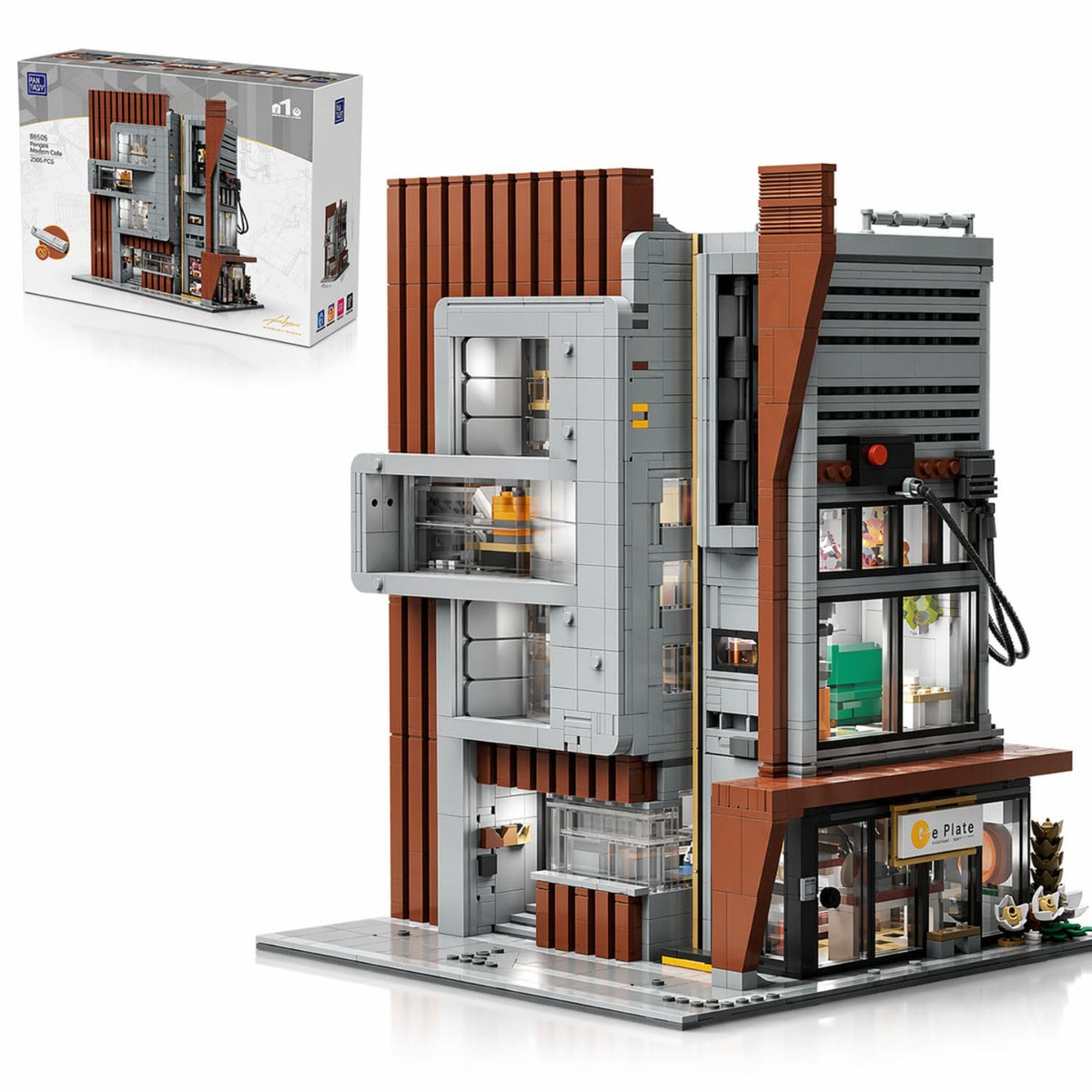 PANTASY Architecture Studio Building Set, Korean MOC Artist Ohsojang Collaboration, Modular 3-Story Modern Office with LED Lighting, Urban Street Scene Brick Model with 5 Minifigures