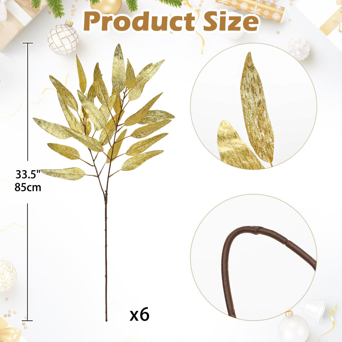 DILATATA 33.5" Gold Leaves for Christmas Tree, Glitter Christmas Leaf Stems, Non-Shedding Shiny Sequin Fabric Christmas Picks for Wreath, Centerpiece Decor