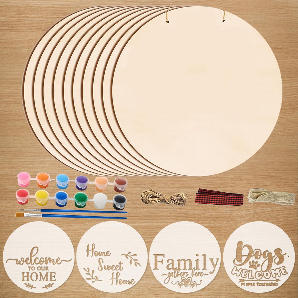 12 Inch Wood Circles for Crafts, 10Pcs Unfinished Wood Rounds with 4 Stencils & Painting, DIY Wooden Crafts for Door Hanger, Sign, Wood Burning, Painting, Gifts for Father's Day Home Decor