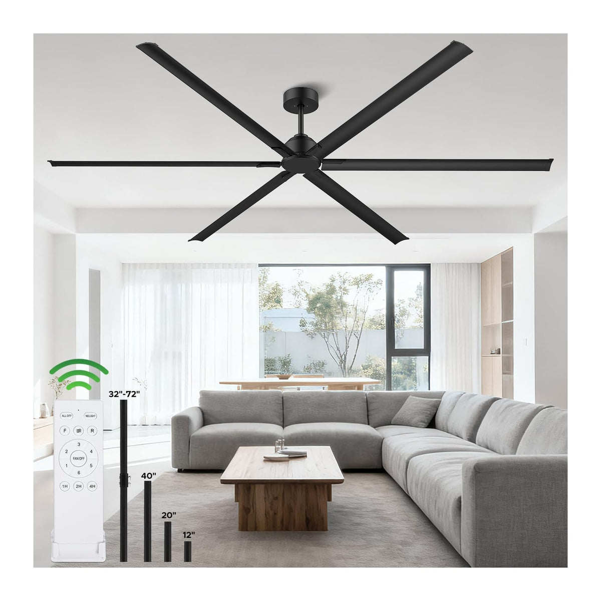 HVLS Large 108 Inch Industrial Ceiling Fan, Big Assed Commercial Ceiling Fan With Remote, Adjustable Height, 8 Blade DC Motor, Ceiling Fan Without Light, Garage Fan For Shop, Porch, Patio, Warehouse