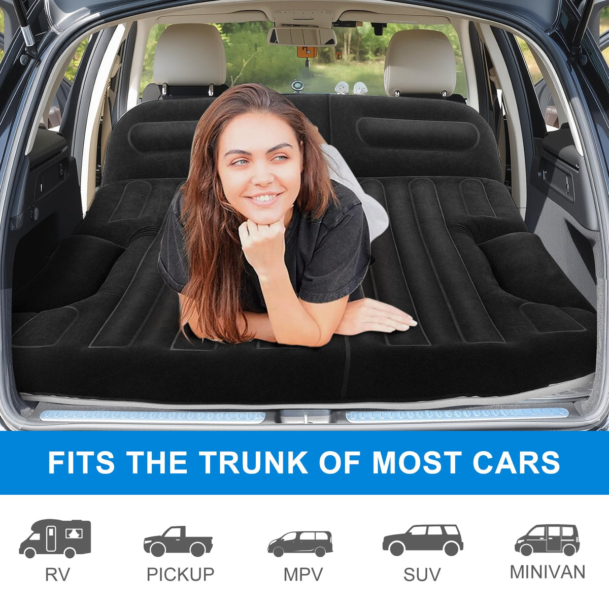 KMZ SUV Air Mattress with Electric Pump, Thick Double-Sided Flocked Camping Bed, Includes 2 Pillows & 2 Window Screens, Inflatable Travel Mattress for SUV Trunk and Rear Seat – Black