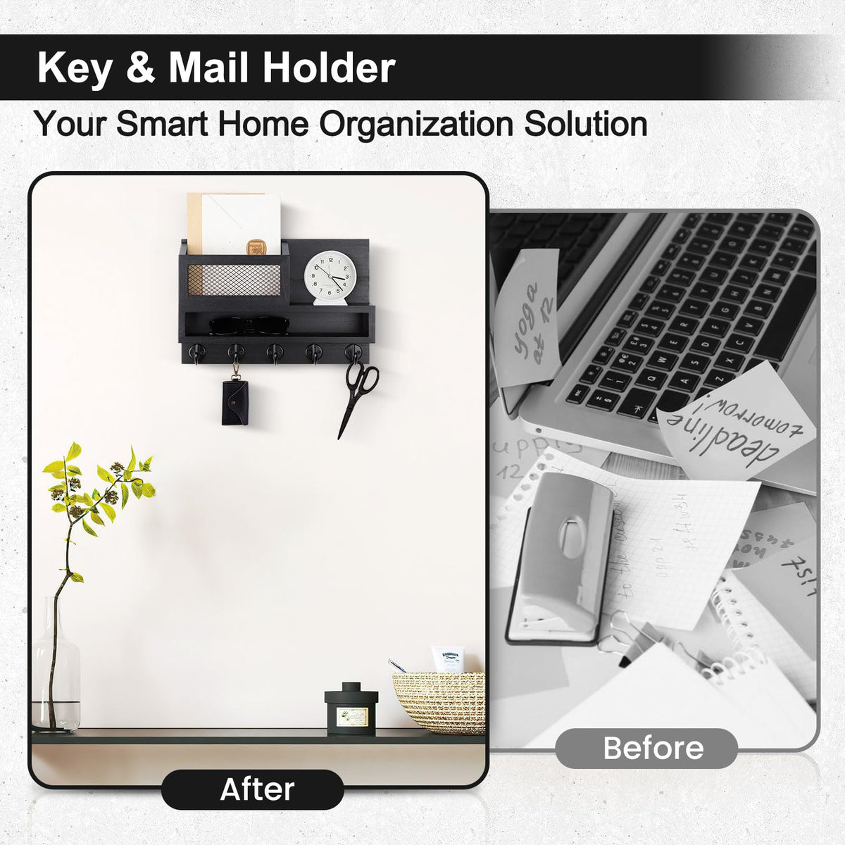Lucundm Key and Mail Holder Wall Mount, Key Hanger with Long Storage Box and 5 Hooks for Coat, Dog Leash, Home Decor Rack, House Accessories, Entry Way Organizer 11.8”W x 7.8”H x 3.2”D
