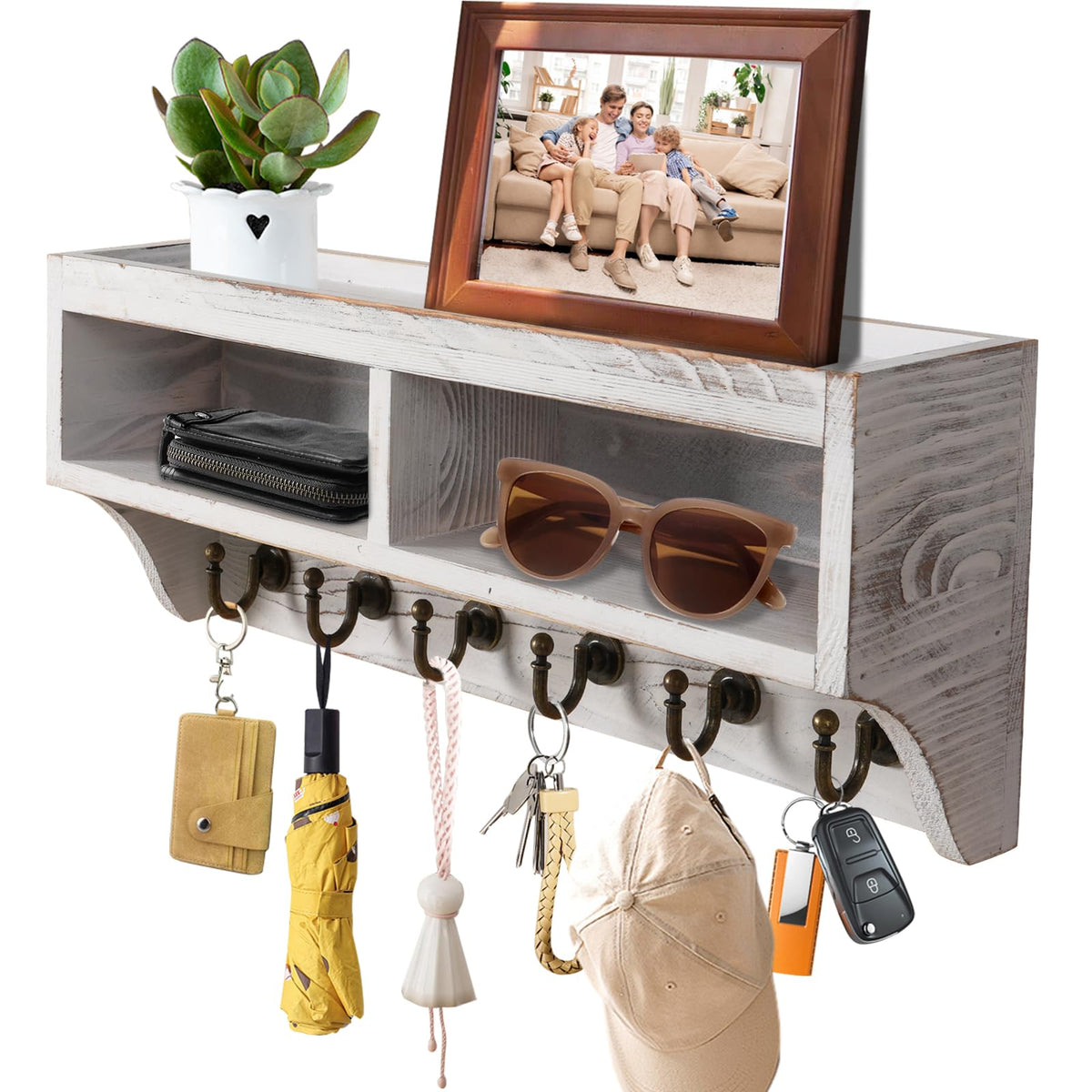 Key Holder Wall Mount - Mail Organizer Wall Mount with 6 Key Hooks and Storage Box for Sunglasses Storage and Dog Leash Holder Home Decor Rack Apartment Farmhouse Shelf Entryway Organizer (White)