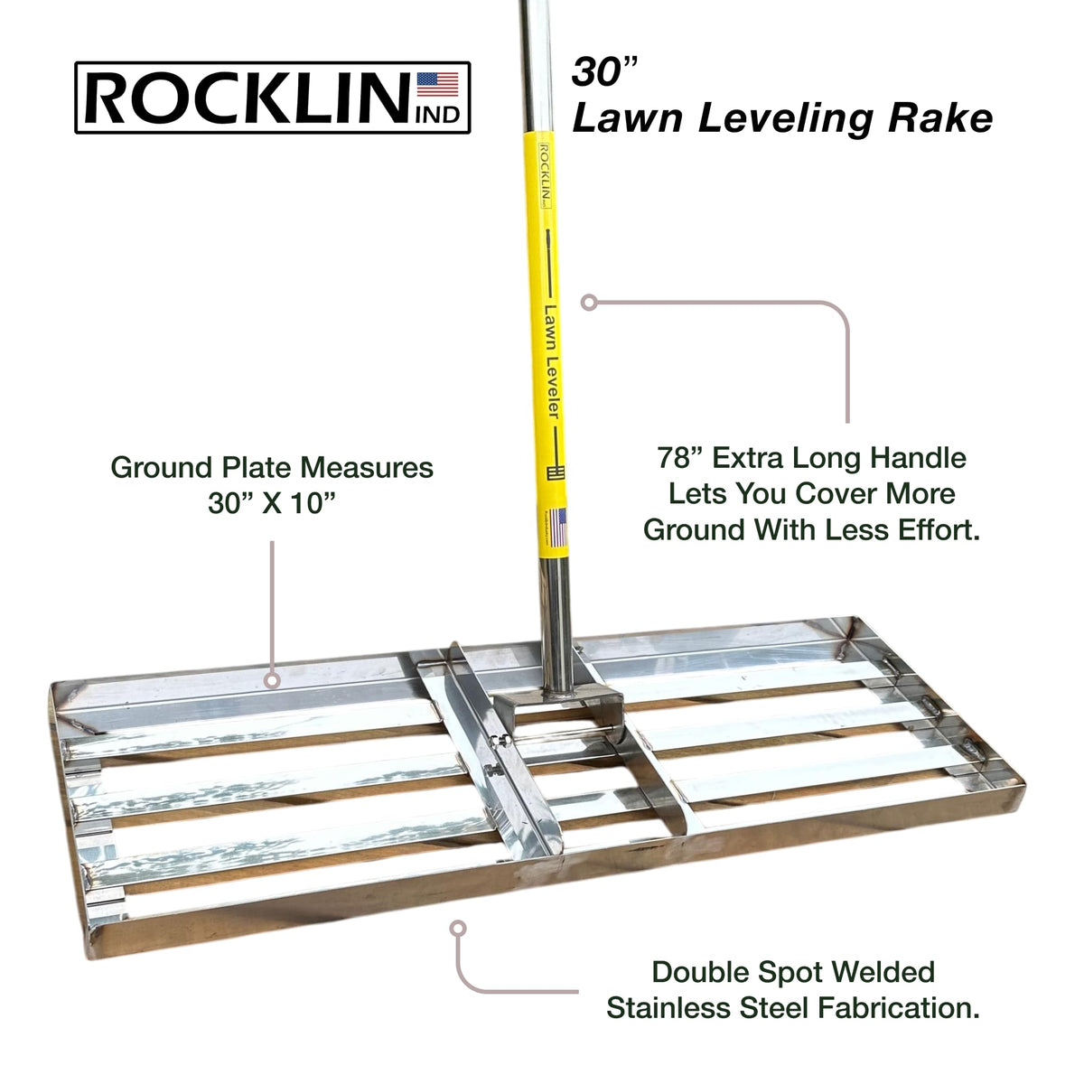 Rocklin™ Lawn Leveling Rake | Stainless Steel | 30" x 10" Ground Plate | 78" Extra Long Handle for Yard for Dad, Husband & Men