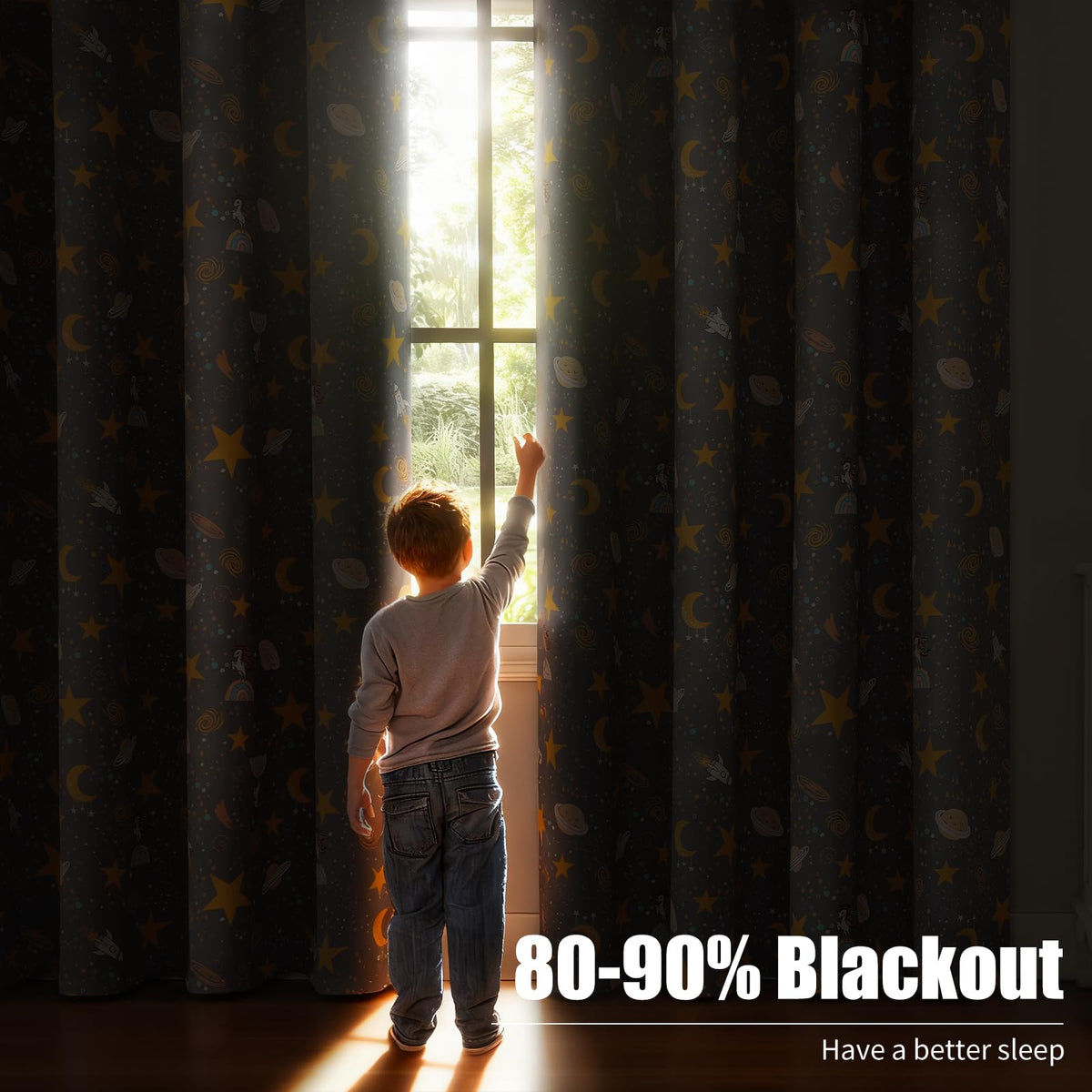 Estelar Textiler Planets Unicorn Printed Grey Blackout Curtains for Nursery Bedroom, Thermal Insulated Room Darkening Star Moon Pattern Grommet Window Drapes for Toddler Room,Gray, W38 x L63, 2 Panels