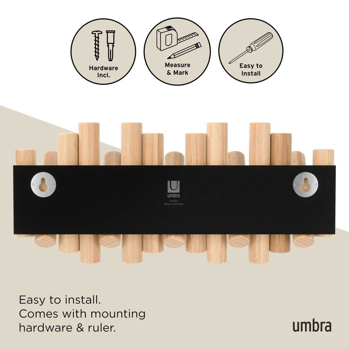 Umbra Picket Coat Rack Wall Mount – 5 Flip-Down Wood Coat Hooks, Modern & Functional Storage, Easy Install Wall Hooks, Natural
