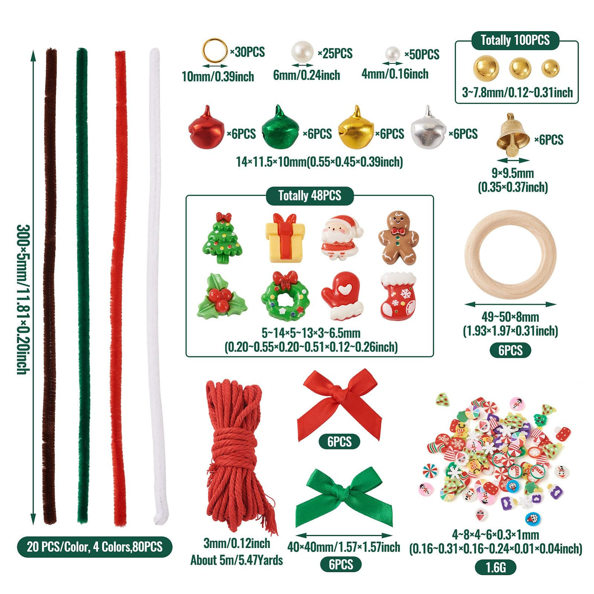 Magibeads Christmas Wreath Making Kits 80Pcs Pipe Cleaners 6Pcs Wood Linking Rings Aluminum Bell Charms Cute Plastic Beads Resin Cabochons for Christmas Decorations Holiday Party Supplies Adults