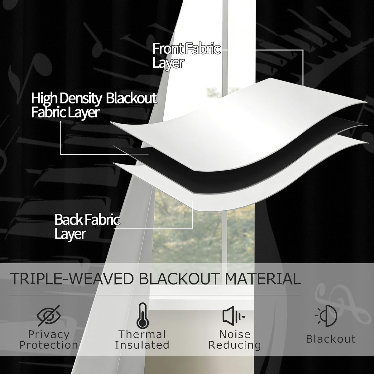 MBVZGUK Black and White Piano Keys Room Darkening Curtains, 84 Inch Long 2 Panels, Music Note Treble Clef Print Thermal Insulated Window Drapes, Light Blocking Curtain for Piano Themed Home Decor