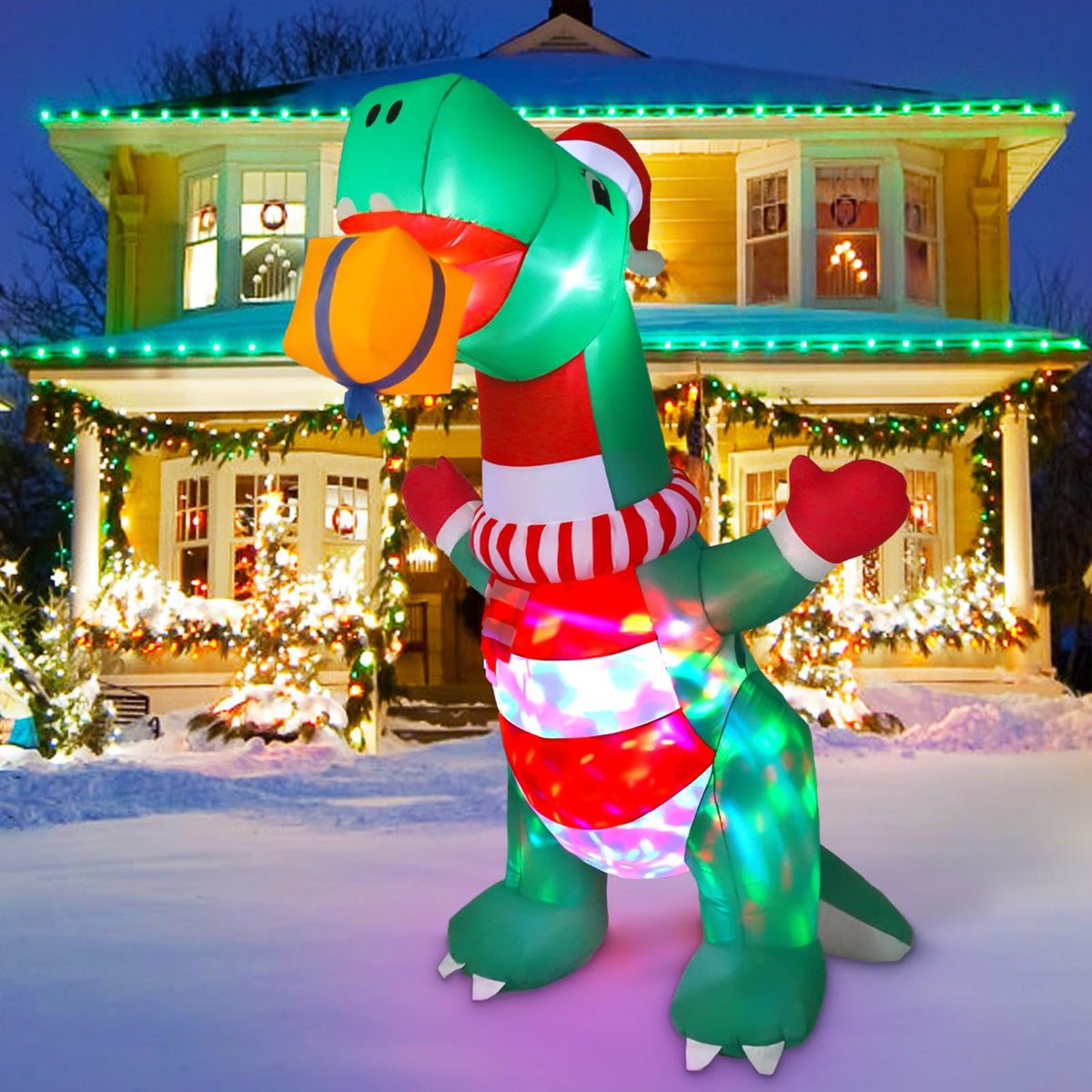 8FT Christmas Inflatables Outdoor Decorations, Blow Up Yard Dinosaur Decoration with Christmas Hat & Gift Box, Built-in LED Lights for Holiday Garden Patio Lawn Party, for Him, Her