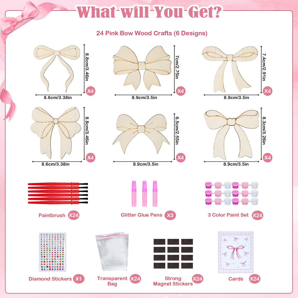 Bafeil 24 Sets Pink Bow Party Favors, DIY Wooden Bows Painting Crafts Kit with Magnets, Coquette Bow Birthday Decorations, Pink Bows Birthday Party Supplies Gifts Goodie Bags Stuffers Prizes