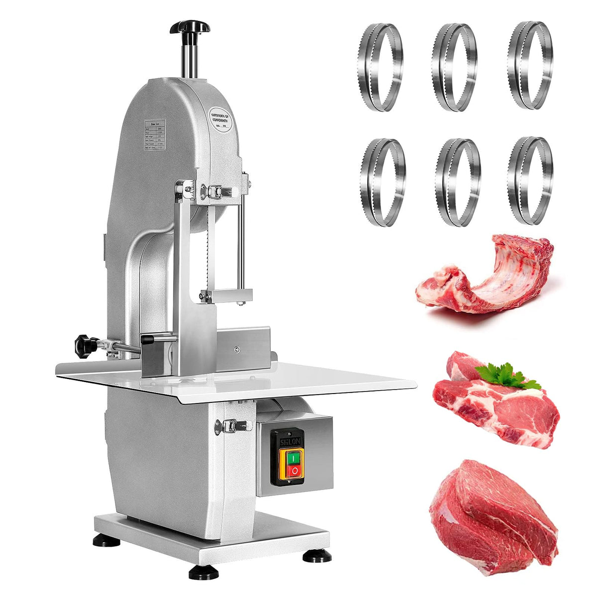 1500W Electric Bone Saw Machine, 0.8-5.9 Inch Cutting Thickness,2.6HP Frozen Meat Cutter 110V Commercial Bandsaw Machine, 20x15in Table Sawing for Chicken Fish Trotter Beef, Equipped with 6 Saw Blades