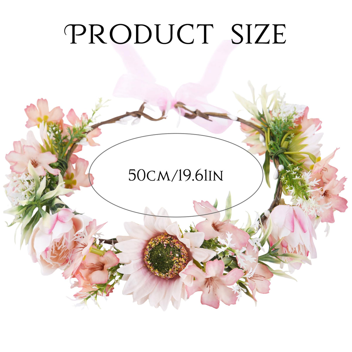 KorViSHOW Pink Sunflower Flower Crown Headband, Artificial Fairy Daisy Floral Headpiece, Adjustable Fairy Woodland Headband for Women Girls Renaissance Birthday Bride Wedding Party Hair Accessories